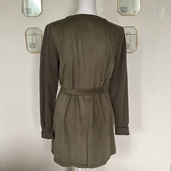 H by Halston Olive Green Faux Suede Knit Sleeve Belted Collarless Jacket Size 8 - Picture 6 of 16